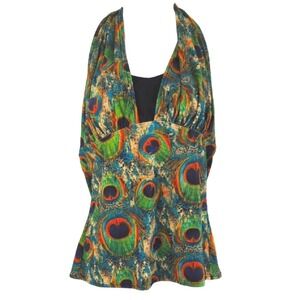 Bikini Bay Women's 14 Peacock Pattern Jewel Tone Tie Up Halter Tankino Top